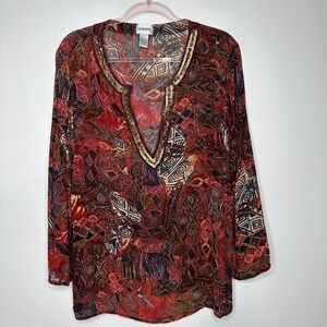 Chicos Popover Tunic Top Size L Embellished Sequin Artsy Boho V Neck 2